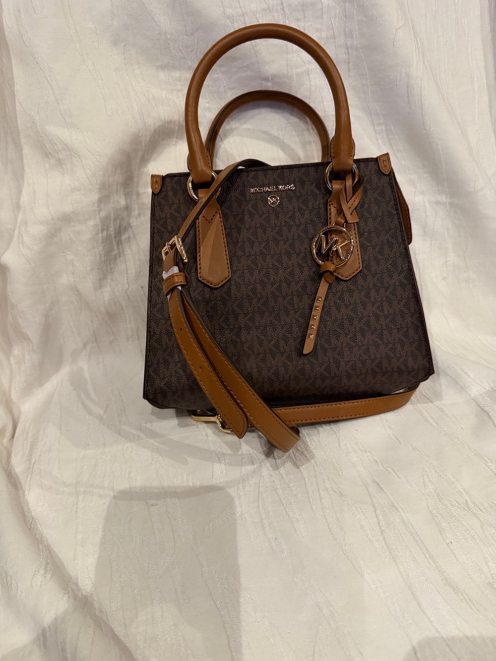 Michael Kors Dark Brown Logo Satchel with Tan Trim